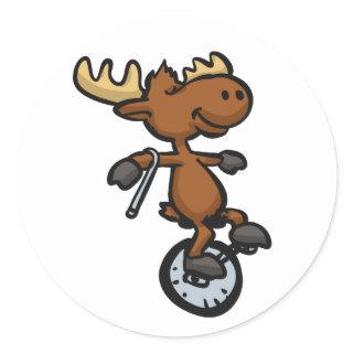 Moose riding unicycle | choose background color classic round sticker