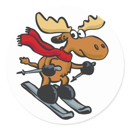 Moose skier cartoon | choose background color classic round sticker