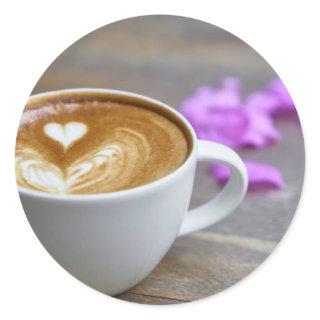 Morning Cup Latte with Heart-Shaped Foam Classic Round Sticker