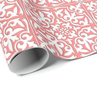 Moroccan tile - coral pink and white