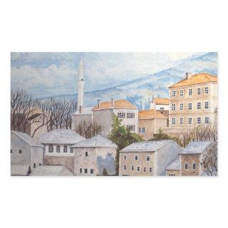 Mostar, Bosnia - Acrylic Townscape Painting Rectangular Sticker