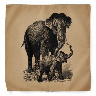 Mother and Baby Elephant Vintage Art Bandana
