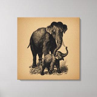 Mother and Baby Elephant Vintage Art Canvas Print