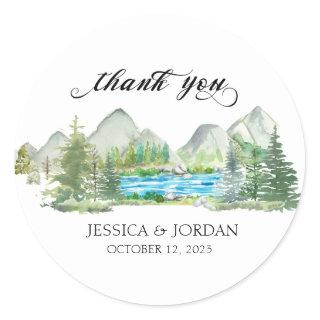 Mountain Forest River Watercolor Rustic Wedding  Classic Round Sticker