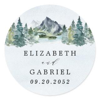 Mountain Watercolor Elegant Rustic Themed Wedding Classic Round Sticker