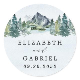 Mountain Watercolor Elegant Rustic Themed Wedding Classic Round Sticker