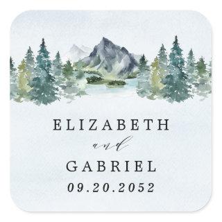 Mountain Watercolor Elegant Rustic Themed Wedding Square Sticker