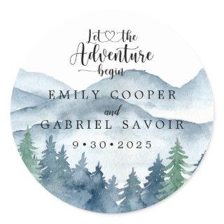 Mountain Watercolor Rustic Elegant Wedding Classic Round Sticker