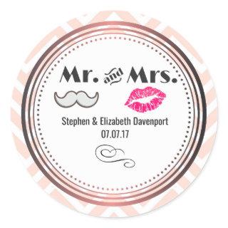 Moustache & Lips Mr. & Mrs. Peach Chevron Wedding Classic Round Sticker