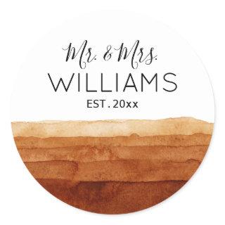 Mr. and Mrs. Boho Watercolor Abstract Desert  Classic Round Sticker