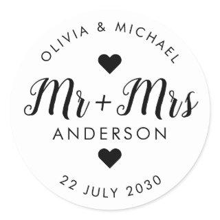 Mr Mrs Last Name Script Wedding Party Favor Classic Round Sticker
