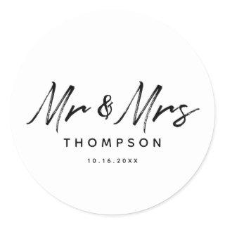 Mr. & Mrs. Modern Black White Script  Wedding Classic Round Sticker