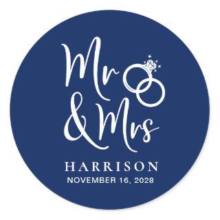 Mr Mrs Navy Blue Wedding Classic Round Sticker