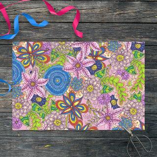 Multicolored Cute Hand-Drawn Flowers and Leaves Tissue Paper