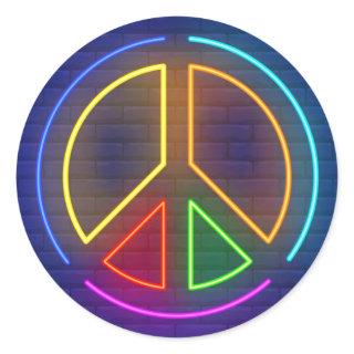 Multicolored neon peace sign symbol classic round sticker