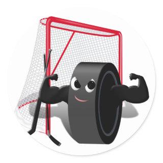 Muscle Man Hockey Puck w/Goal & Hockey Sticks Classic Round Sticker