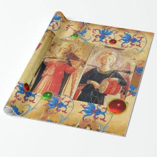 MUSICAL ANGELS PARCHMENT,RED BLUE FLOWERS,GEMS