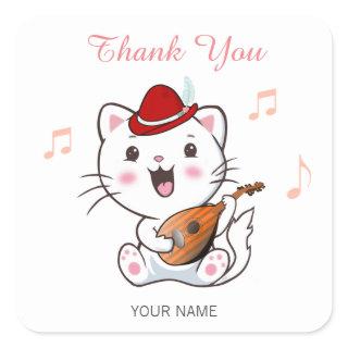 Musical Bard Cat with Mandolin Thank You Square Sticker