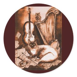 MUSICAL CAT ,Brown and White Classic Round Sticker