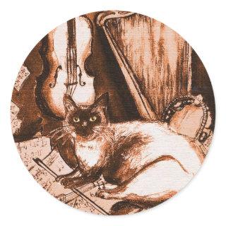 MUSICAL CAT ,Brown and White Classic Round Sticker