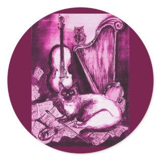 MUSICAL CAT , Pink Fuchsia Purple  and White Classic Round Sticker