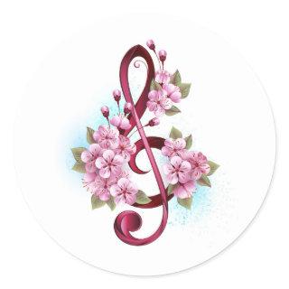 Musical treble clef notes with Sakura flowers Classic Round Sticker