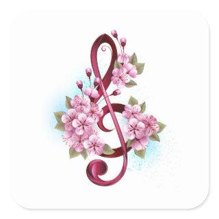 Musical treble clef notes with Sakura flowers Square Sticker