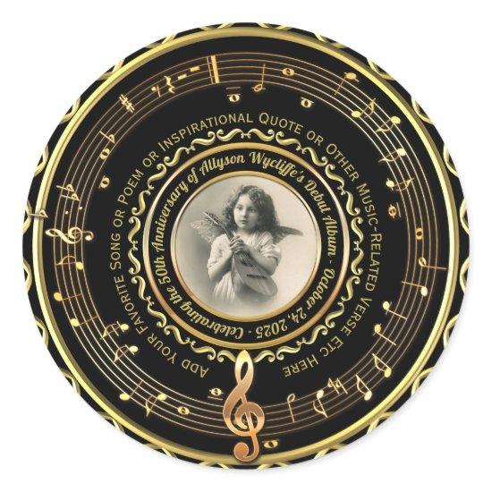 Musician Music Note Commemorative Photo Gold Black Classic Round Sticker