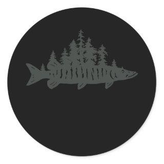 Musky Pine Forest Treeline Outdoor Fishing Angler Classic Round Sticker
