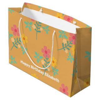 Mustard Retro Daisy Bouquet Pattern Customized Large Gift Bag