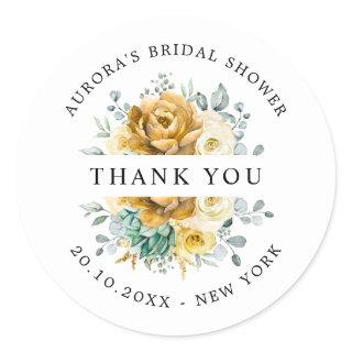 Mustard Yellow Floral Sage Bridal Shower Thank You Classic Round Sticker