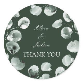 Muted Green Eucalyptus Scripted Modern Thank you Classic Round Sticker