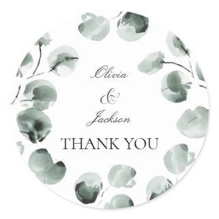 Muted Green Eucalyptus Scripted Modern Thank you Classic Round Sticker