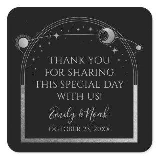 Mystical Black Silver Sun Moon Astronomy Wedding Square Sticker