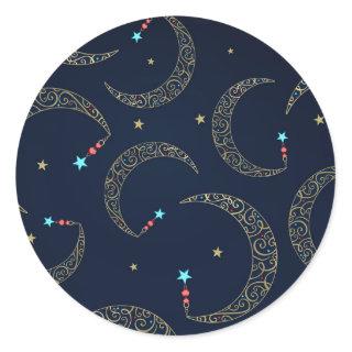 Mystical Blue Gold Filigree Moon Celestial Party Classic Round Sticker