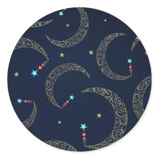 Mystical Blue Gold Filigree Moon Celestial Party Classic Round Sticker