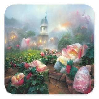 Mystical misty rose garden in the dream world square sticker