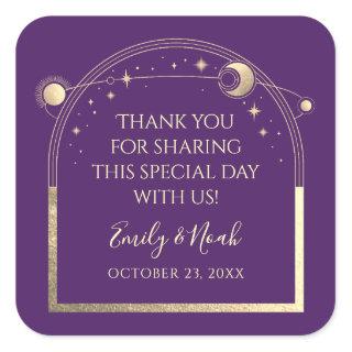 Mystical Purple Gold Sun Moon Stars Wedding Square Sticker
