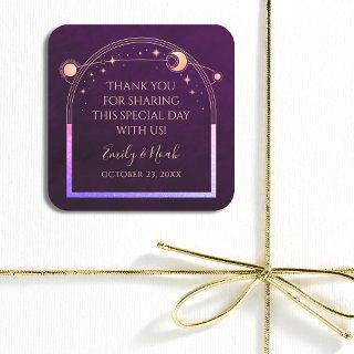 Mystical Rainbow Deep Plum Sun Moon Stars Wedding Square Sticker