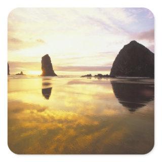 N.A., USA, Oregon, Cannon Beach Sunset with Square Sticker