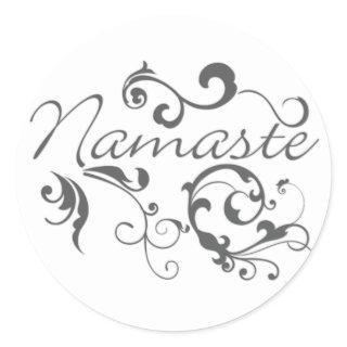 Namaste in dark gray swirls classic round sticker