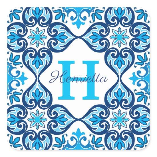 💙🤍 Name + initial blue - white Azulejos X,  Square Sticker