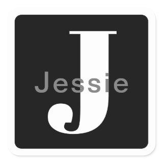 Name & Monogram | Rounded Black White & Grey Square Sticker