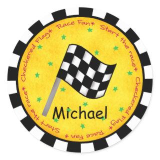 Name Personalized Black White Checkered Flag Wavin Classic Round Sticker