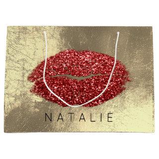Name Red Metal Kiss Lips Glitter Champagne Gold Large Gift Bag