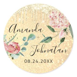 Name Save The Date Gold Drips Mint Glitter Classic Round Sticker