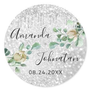 Name Save The Date Silver Drips Mint Glitter Classic Round Sticker
