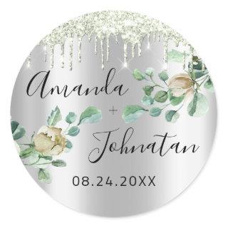 Name Save The Date Silver Drips Mint Green Classic Round Sticker