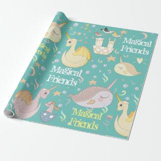 Narwhal and Dragon Friends Teal Personalized