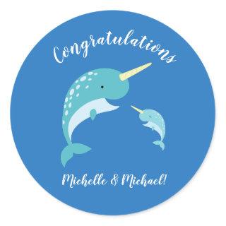 Narwhal Baby Shower Blue Boy Cute Classic Round Sticker
